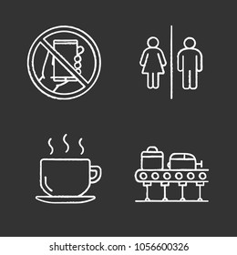Airport service chalk icons set. Smartphone prohibition, WC sign, hot drink, baggage carousel. Isolated vector chalkboard illustrations