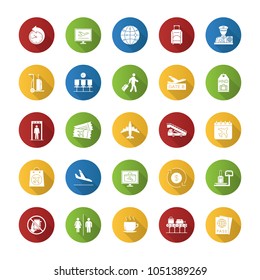 Airport service flat design long shadow glyph icons set. Passport control, baggage check, tickets, flights management. Vector silhouette illustration