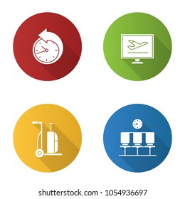 Airport service flat design long shadow glyph icons set. Reschedule, flights schedule, luggage cart, waiting hall. Vector silhouette illustration