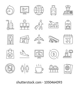 Airport service linear icons set. Passport control, baggage check, tickets, flights management. Thin line contour symbols. Isolated vector outline illustrations. Editable stroke