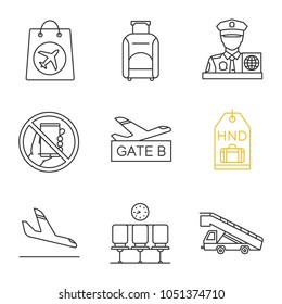 Airport service linear icons set. Airplane arrival, baggage, pass control, duty free, gate, tag, hall, phone prohibition, stair truck. Thin line contour symbols. Isolated vector outline illustrations