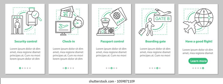 Airport service onboarding mobile app page screen with linear concepts. Airplane boarding steps graphic instructions. UX, UI, GUI vector template with illustrations