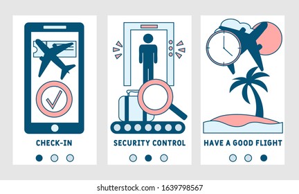 Airport service onboarding mobile app page screen with linear concepts. Airplane boarding steps graphic instructions. UX, UI, GUI vector template with illustrations