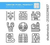 Airport services linear icons set. Passenger experience and airport operations. Travel logistics. Customizable thin line symbols. Isolated vector outline illustrations. Editable stroke