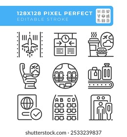 Conjunto de iconos lineales de servicios aeroportuarios. Experiencia de pasajeros y operaciones aeroportuarias. Logística de viajes. Símbolos de línea delgada personalizables. Ilustraciones de contorno de Vector aislado. Trazo editable