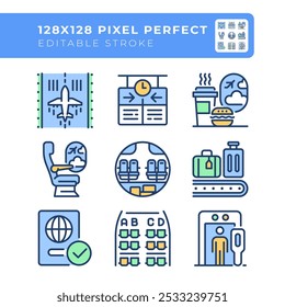 Airport services RGB color icons set. Passenger experience and airport operations. Travel logistics. Isolated vector illustrations. Simple filled line drawings collection. Editable stroke