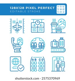 Airport services two color line icons set. Passenger experience and airport operations. Travel logistics. Bicolor outline iconset isolated. Duotone pictograms thin linear. Editable stroke