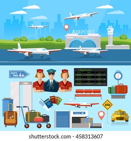 Airport set aircraft runway airline pilot stewardess airport terminal baggage inspection scanner international airlines vector illustration 