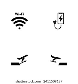 Airport. A set of black four solid icons isolated on a white background.