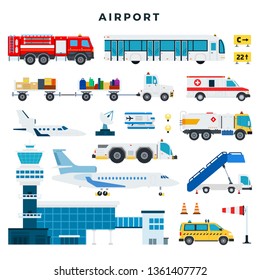 Airport, set of icons. Airport building, control tower, aircraft, vehicles of the airport ground services, information signs, runway lights, radar, wind indicator. Vector illustration in flat style.