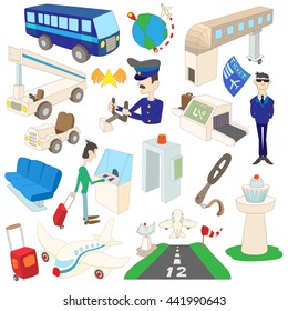 Airport set icons in cartoon style isolated on white background