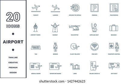 Airport set icons collection. Includes simple elements such as Takeoff, Landing, Around The World, Parking, Paid Parking, Airport Tower and Runway premium icons.