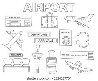 Airport set of icons and objects. Hand drawn doodle aviation and tourism design concept. Black and white outline coloring page game. Monochrome line art. Vector illustration.