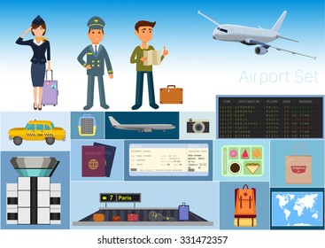 Airport set vector / Stewardess and pilot / tourist with map / Departure flight information board screen / luggage carousel/ Planning Vacation Tourism and Journey Symbol
