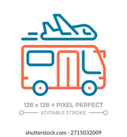 Servicios de transporte al aeropuerto pixel perfecto icono de línea de dos colores. Transporte en autobús. Símbolo de contorno bicolor de transporte de viaje. Pictograma lineal duotono. Ilustración aislada. Trazo editable