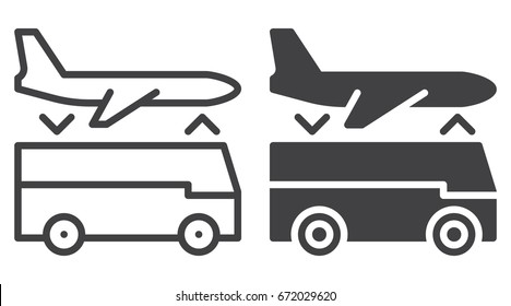 Airport shuttle transfer service icon, line and solid version, outline and filled vector sign, linear and full pictogram isolated on white. Symbol, logo illustration