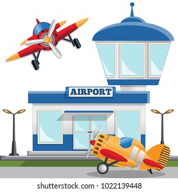 Aeropuerto. Vista lateral. Ilustración vectorial. Aislado sobre fondo blanco.