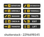 Airport sign departure arrival travel icon. Vector airport board airline sign. Transfer. Arrivals. Airport board airline sign, departures, arrivals, check in, baggage information. Vector illustration