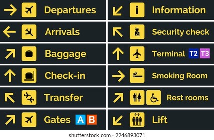 Airport sign departure arrival travel icon. Vector airport board airline sign, gate flight information