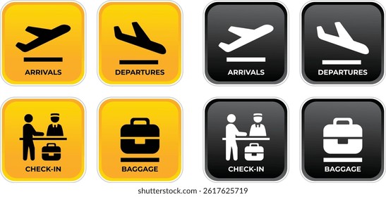 Airport Sign Set – Departure, Arrival, Check-in, Baggage Information Icons Vector