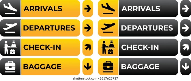 Airport Sign Set – Departure, Arrival, Check-in, Baggage Information Icons Vector