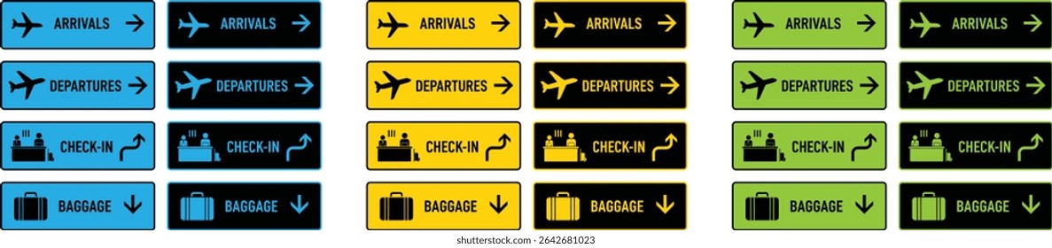 Coleção de sinalização do aeroporto com chegadas, partidas, check-in e informações de bagagem.