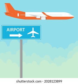 Airport signpost. Direction of traffic to the airport. Vector, cartoon illustration. Vector.