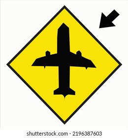 Airport. Signpost indicating airport ahead. Illustrative image of a black plane on a white yellow background indicating the presence of an airport. Vector