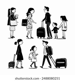 Airport silhouettes: busy terminal life. Black and white hand-drawn illustration