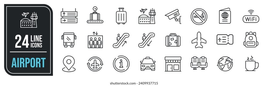 Iconos de línea delgada mínimos en el aeropuerto. Pasaporte relacionado, turismo, viajes, transporte. Ilustración vectorial.