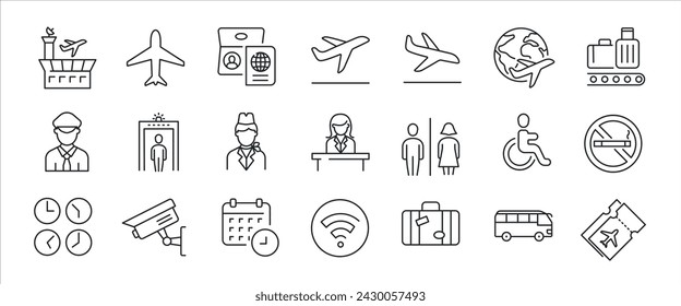 Iconos de línea delgada simple del aeropuerto. Avión relacionado, vuelo, transporte, aerolínea. Ilustración vectorial.