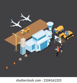 Airport site construction isometric 3d vector concept for banner, website, illustration, landing page, flyer, etc.