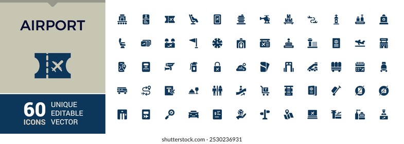 Airport solid icons set. Contains filled icons like Plane, Ticket, Baggage, Seat, Bag, Departure, Terminal, Passport and more. Editable solid symbol pack. Pixel perfect.