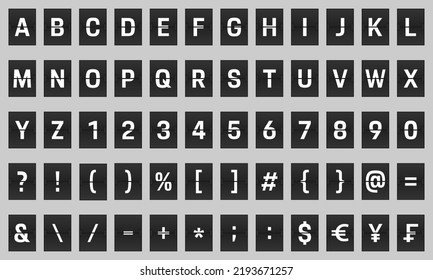 Airport split-flap display board panel font, white font on dark background vector illustration.