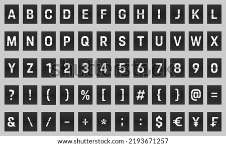 Airport split-flap display board panel font, white font on dark background vector illustration.