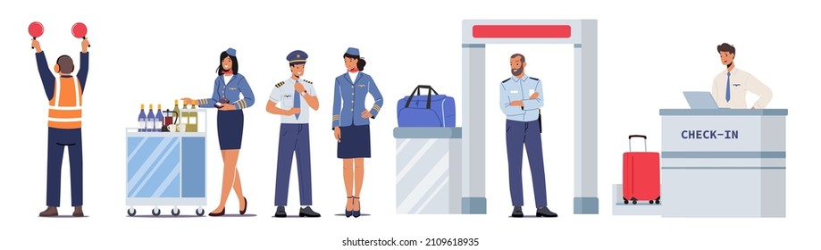 Airport Staff Air Traffic Controller with Light Signals, Pilot of Airplane, Airport Check-in Employee, Security and Stewardess or Air Hostess Women with Trolley. Cartoon People Vector Illustration