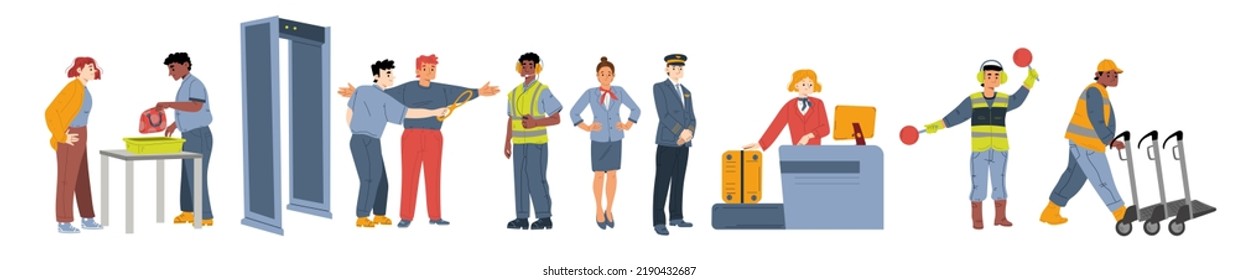 Airport staff, airline crew with pilot and stewardess, security and landing workers. Vector flat illustration of aviation service employees in uniform isolated on white background