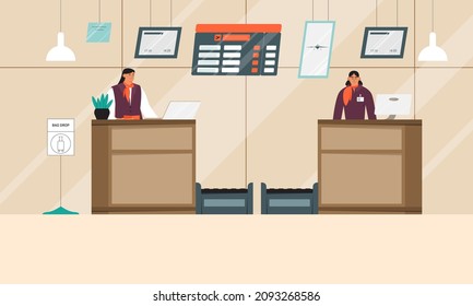 Airport Staff At Check In And Registration Desk, Baggage Drop Off Desk. Falt Vector Illustration