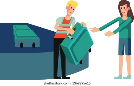 Airport Staff Help Woman Take Suitcase From Luggage Reclaim. Man Helping Girl To Pick Up Case. Baggage Delivery At Final Destination. Flat Cartoon Vector Illustration. 