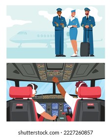 Airport Staff, Jet Plane Captain and Air Hostess. Air Service Staff. Pilot and Copilot in Airplane Cockpit. Aviation Aircrew Characters Wearing Uniform. Cartoon People Vector Illustration