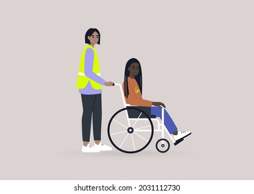 An airport staff member assisting a passenger in a wheelchair, inclusivity in daily life