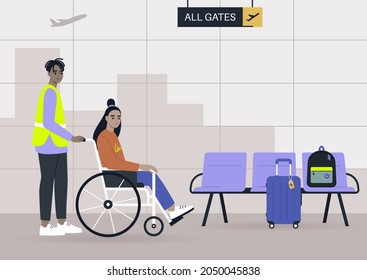 The airport staff member assisting a passenger on a wheelchair, transferring to the gate, inclusion and accessibility 