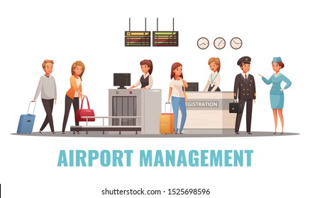 Airport staff and passengers at registration desk and luggage scanner cartoon vector illustration