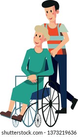 Airport staff pushing wheelchair with old woman. Man caretaket helping elderly woman in airport. Airline service assist disabled passengers. Handicapped traveler. Flat cartoon vector illustration. 