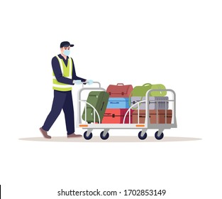 Airport staff semi flat RGB color vector illustration. Man in medical mask with trolley. Aircraft service to ship baggage. Station delivery worker isolated cartoon character on white background