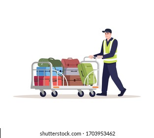 Airport Staff Semi Flat RGB Color Vector Illustration. Man Carry Laggage On Trolley. Aircraft Service To Ship Baggage. Station Delivery Worker Isolated Cartoon Character On White Background