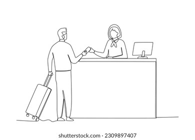 An airport staff serving passengers. Airport activity one-line drawing