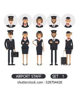Airport staff set 1. Stewardesses, pilots, flight attendants standing isolated on a white background. Aircraft personnel. Flat.