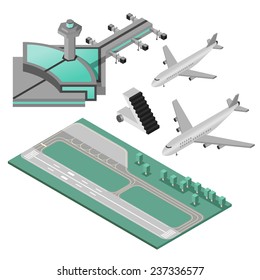 Airport stairway airplane and runway decorative icons 3d isometric set isolated vector illustration