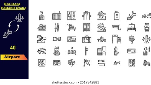 Conjunto de iconos de golpe de aeropuerto, con iconos para el aeropuerto, aduanas, inmigración, tarjeta de embarque, aterrizaje, check-in, escaleras, viajeros mayores y carrito.